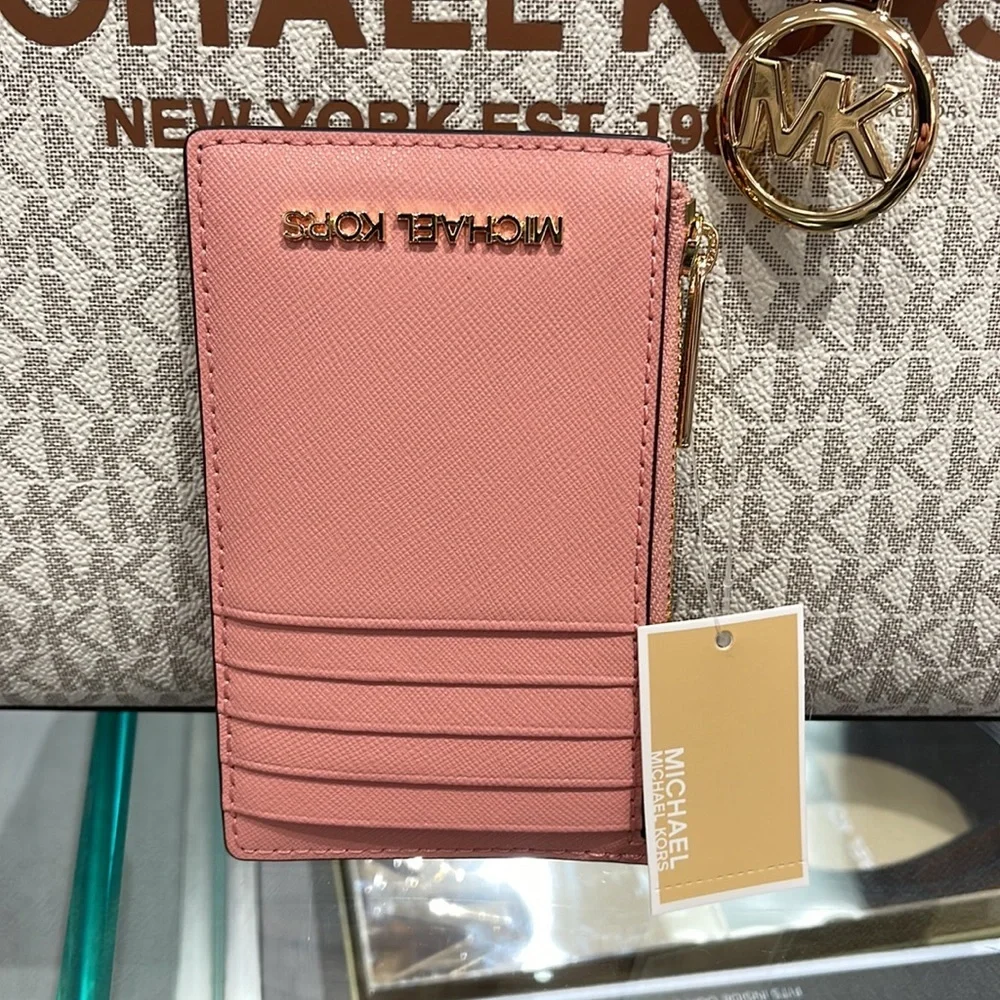 MICHAEL KORS Jet Set Travel Medium Top Zip Leather Card Case Wallet Primrose NWT